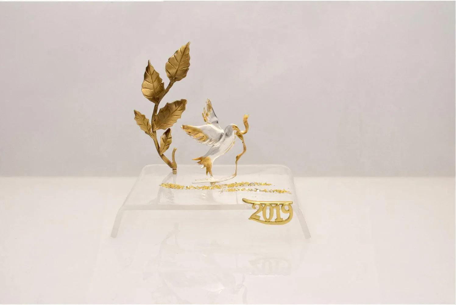 Christmas Decoration, Pigeon Charm on plexiglass, silver charm with bronze leaves, home decor, gift idea, charm favor (PX-06)