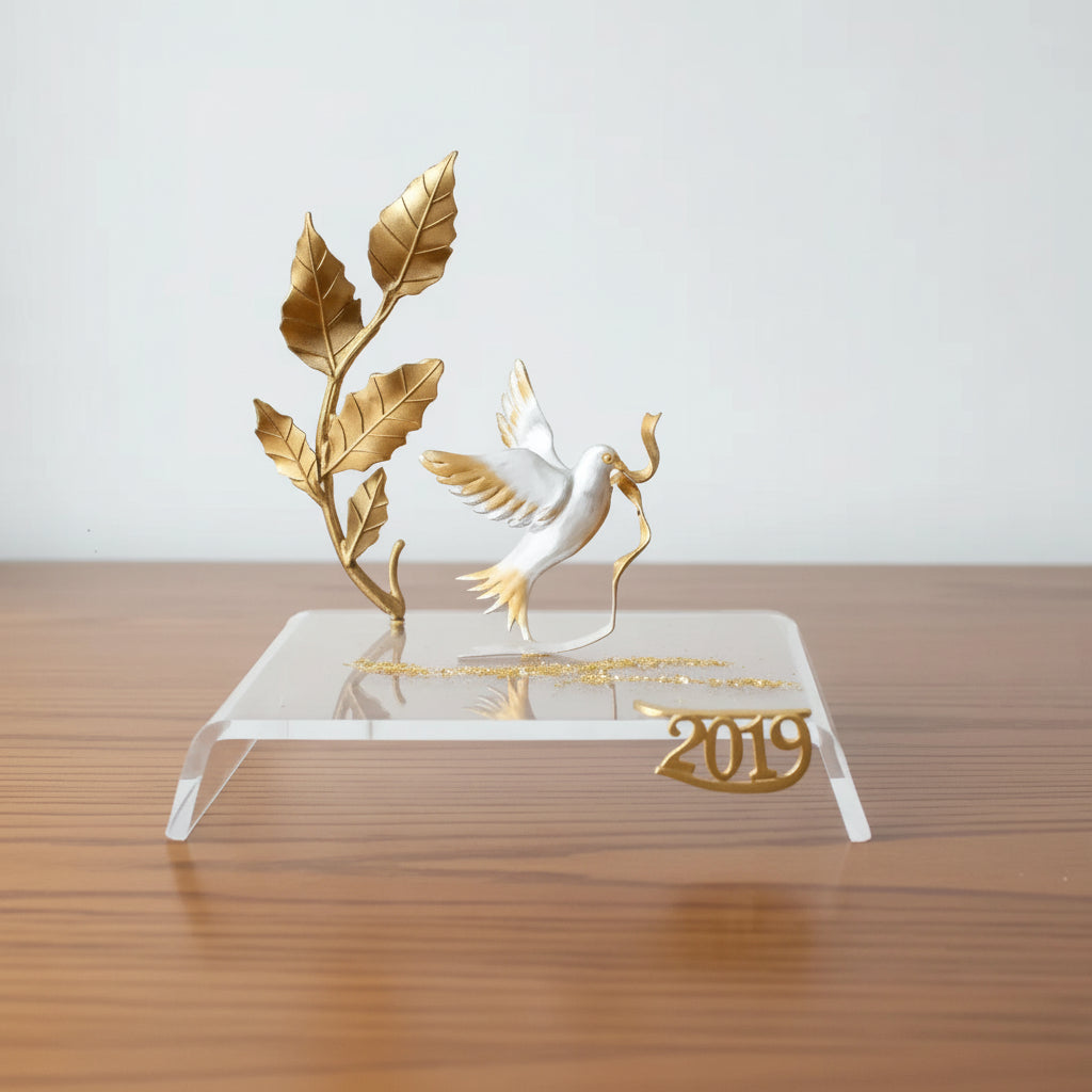 Christmas Decoration, Pigeon Charm on plexiglass, silver charm with bronze leaves, home decor, gift idea, charm favor (PX-06)