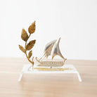 Christmas Decoration, Sailboat Charm on plexiglass, silver charm with bronze leaves, home decor, gift idea, charm favors (PX-12)