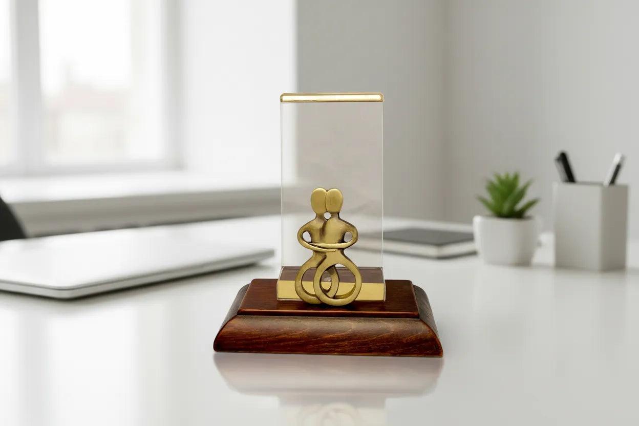 Cycladic Lovers Bronze Business Card Holder, Sterling Silver Display, Wooden Base (A-25-14)