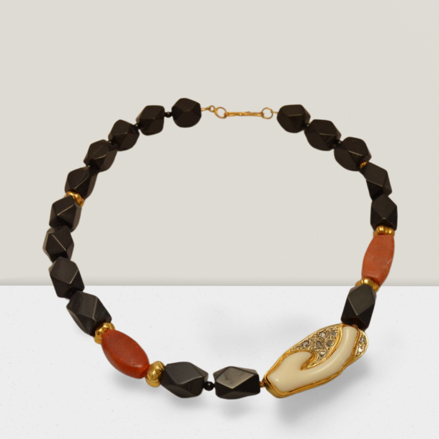 Necklace with Black Obsidian gemstones & various in gold 18k
