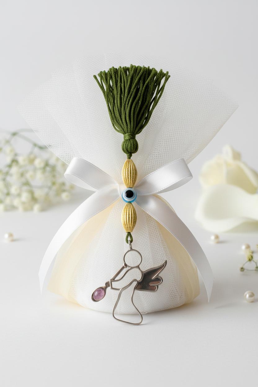 Evil Eye Charm on a tassel, House decoration, holiday decor, welcome gift, silver charm, Angel Charm