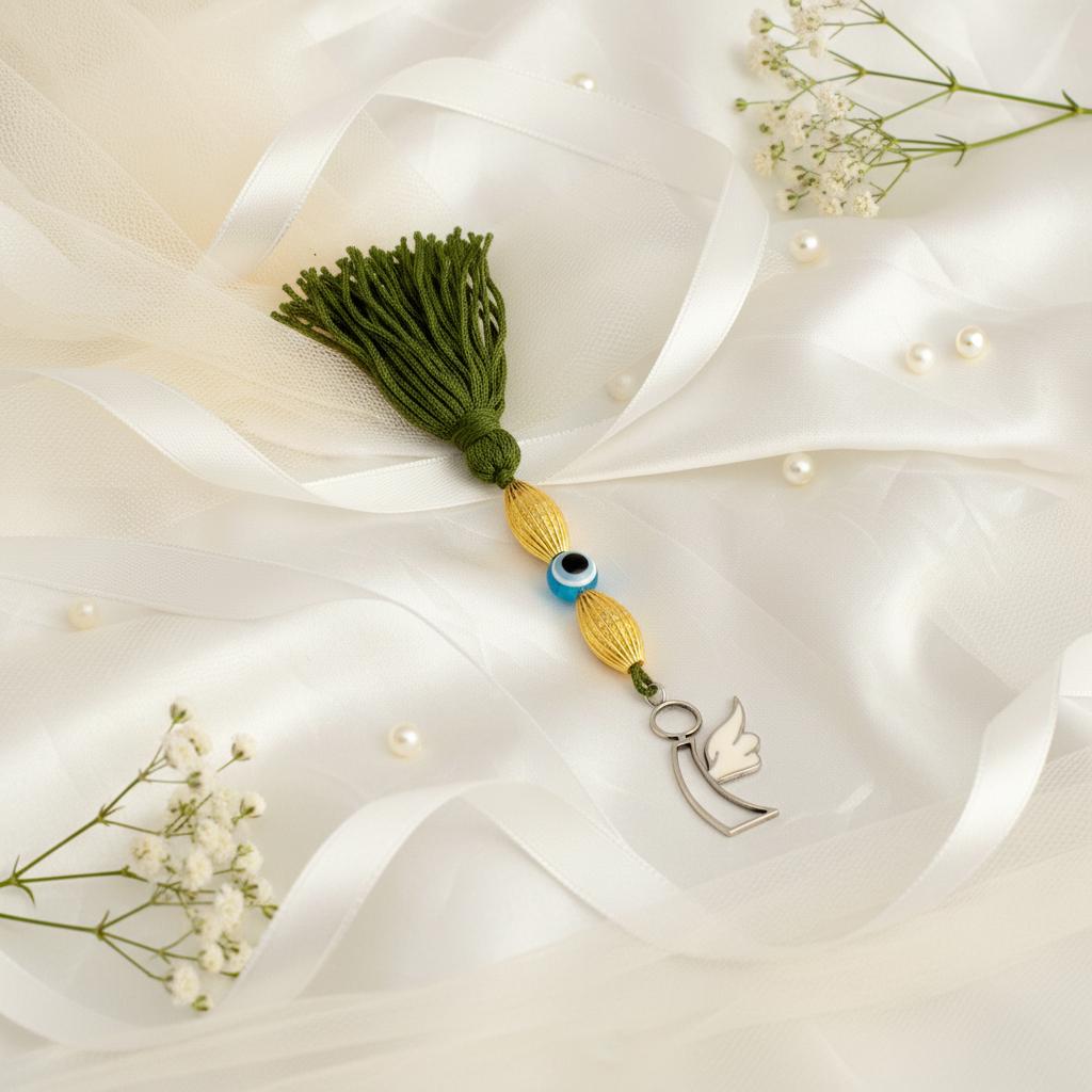 Evil Eye Charm on a tassel, House decoration, holiday decor, welcome gift, silver charm, Angel Charm