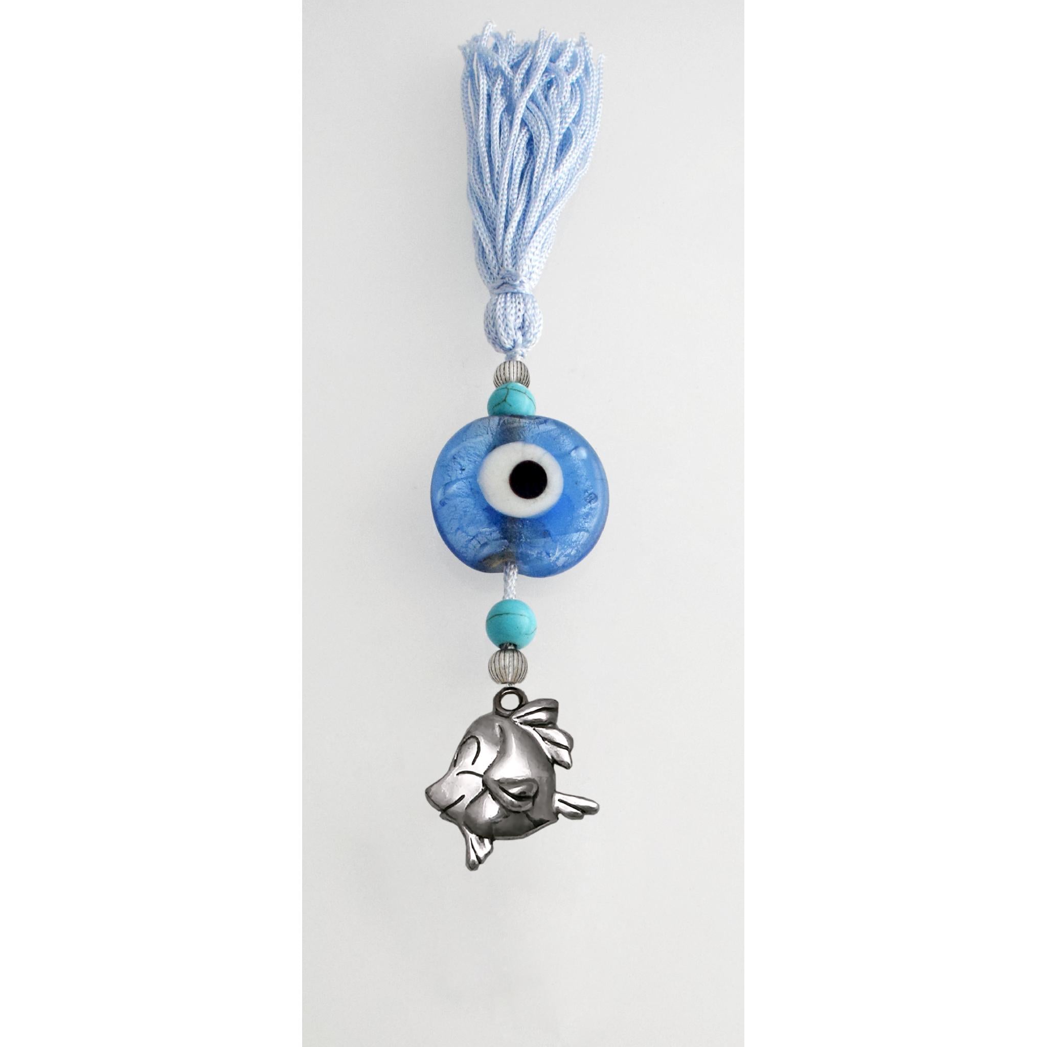 Evil Eye Charm on a tassel, House decoration, holiday decor, welcome gift, silver charm, Baby Fish Charm