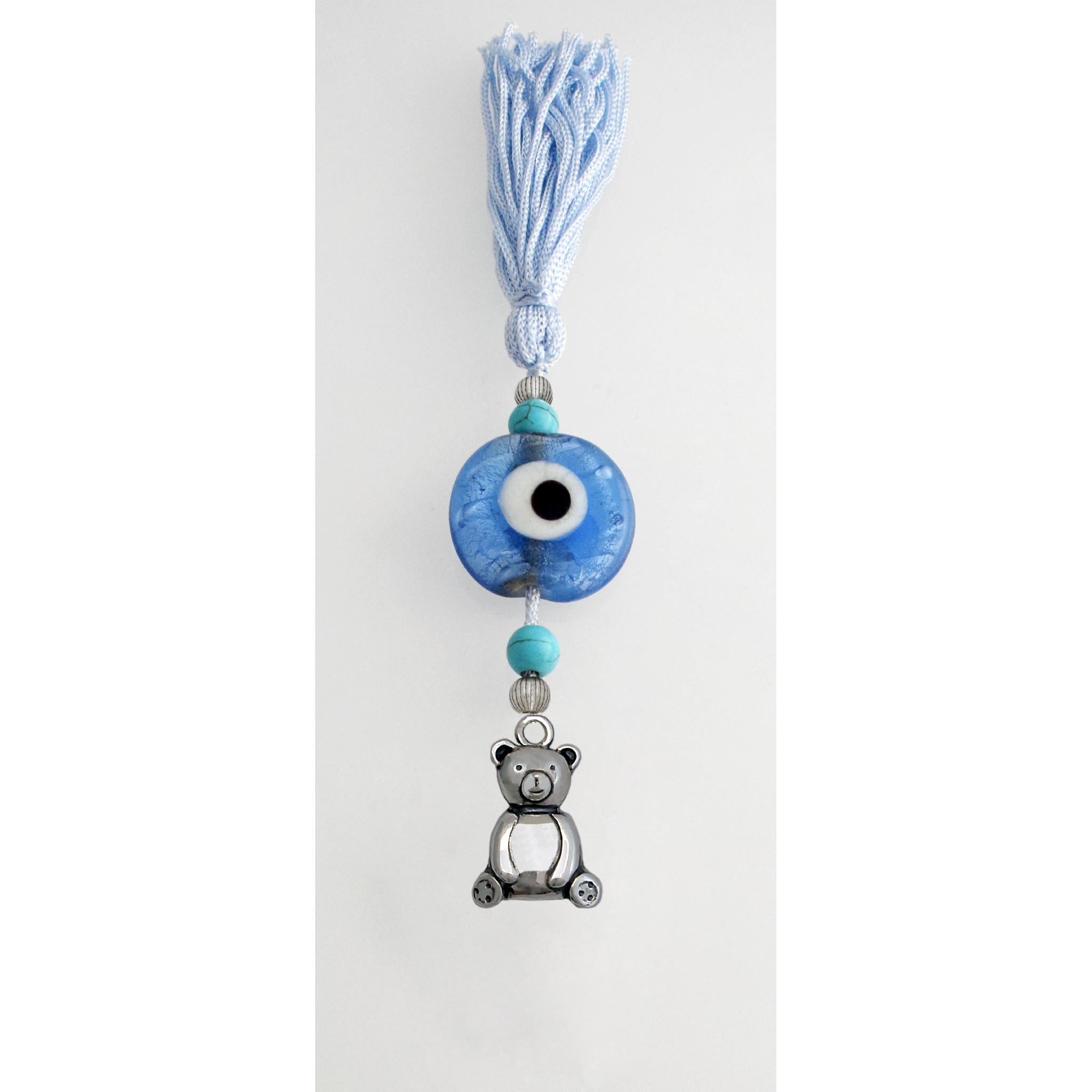 Evil Eye Charm on a tassel, House decoration, holiday decor, welcome gift, silver charm, Baby bear Charm