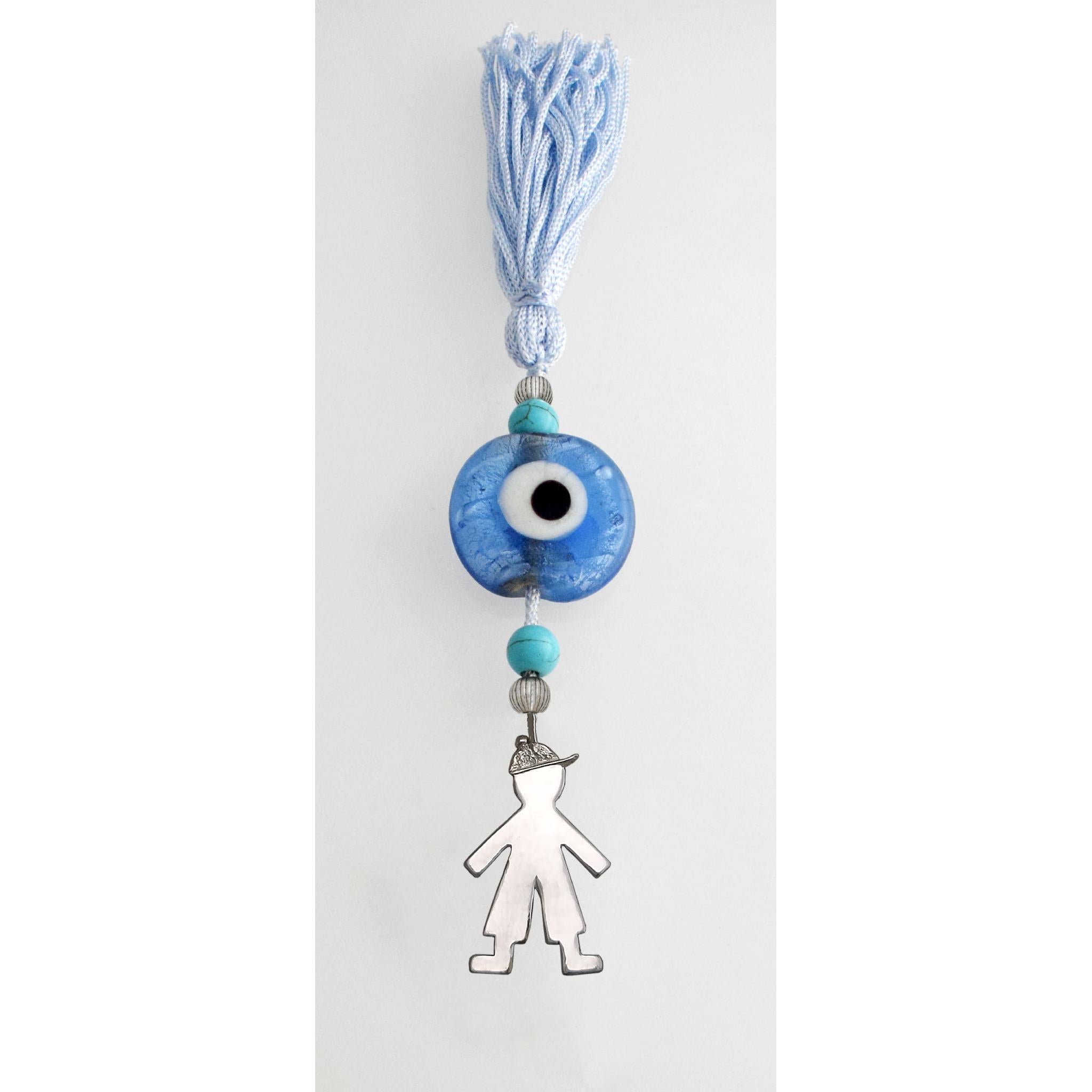 Evil Eye Charm on a tassel, House decoration, holiday decor, welcome gift, silver charm, Baby boy Charm