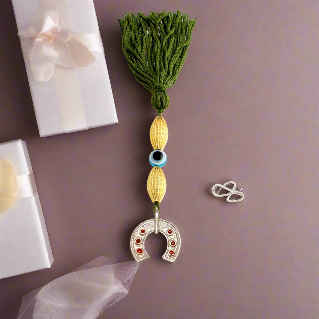 Evil Eye Charm on a tassel, House decoration, holiday decor, welcome gift, silver charm, Lucky petal Charm
