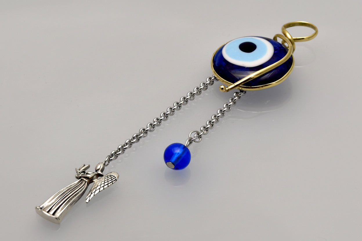 Evil eye protection stone with silver charm, Evil Eye Charm, home décor, gift, Wall Decor, silver charm, Angel Charm
