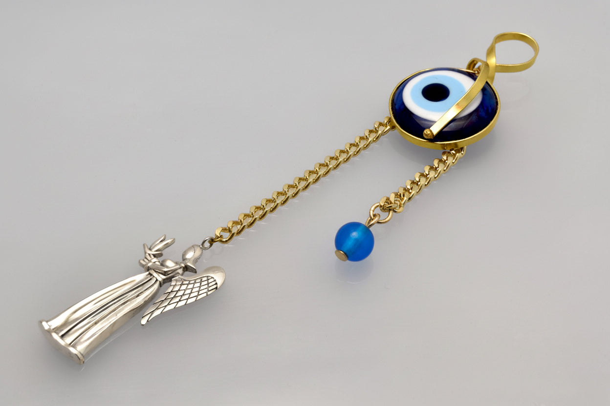 Evil eye protection stone with silver charm, Evil Eye Charm, home décor, gift, Wall Decor, silver charm, Angel Charm