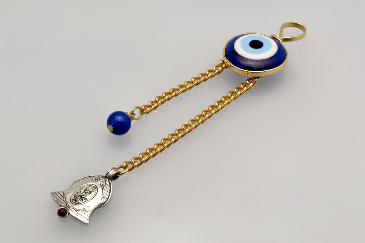 Evil eye protection stone with silver charm, Evil Eye Charm, home décor, gift, Wall Decor, silver charm, Bell Charm