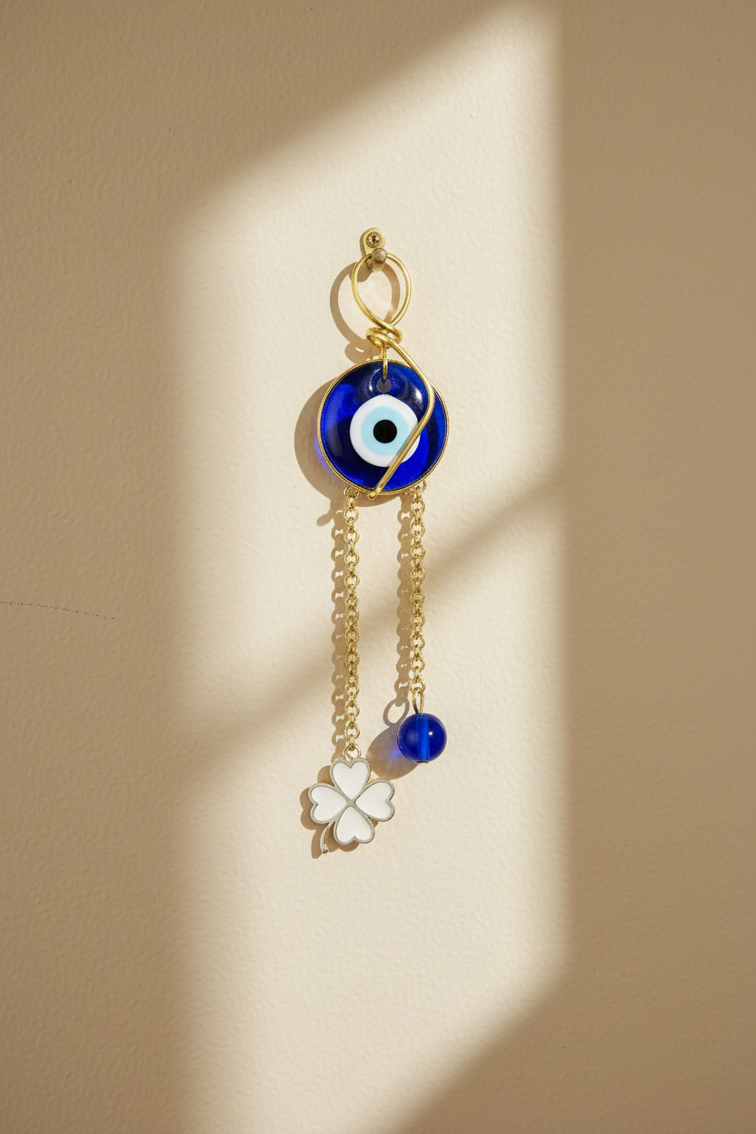 Evil eye protection stone with silver charm, Evil Eye Charm, home décor, gift, Wall Decor, silver charm, Clover Charm