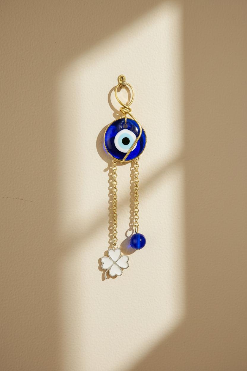Evil eye protection stone with silver charm, Evil Eye Charm, home décor, gift, Wall Decor, silver charm, Clover Charm