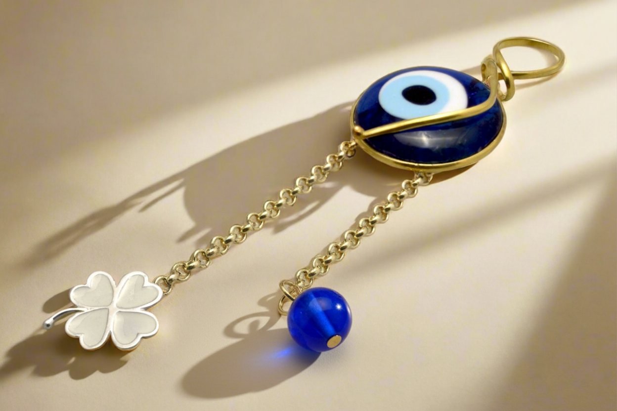 Evil eye protection stone with silver charm, Evil Eye Charm, home décor, gift, Wall Decor, silver charm, Clover Charm