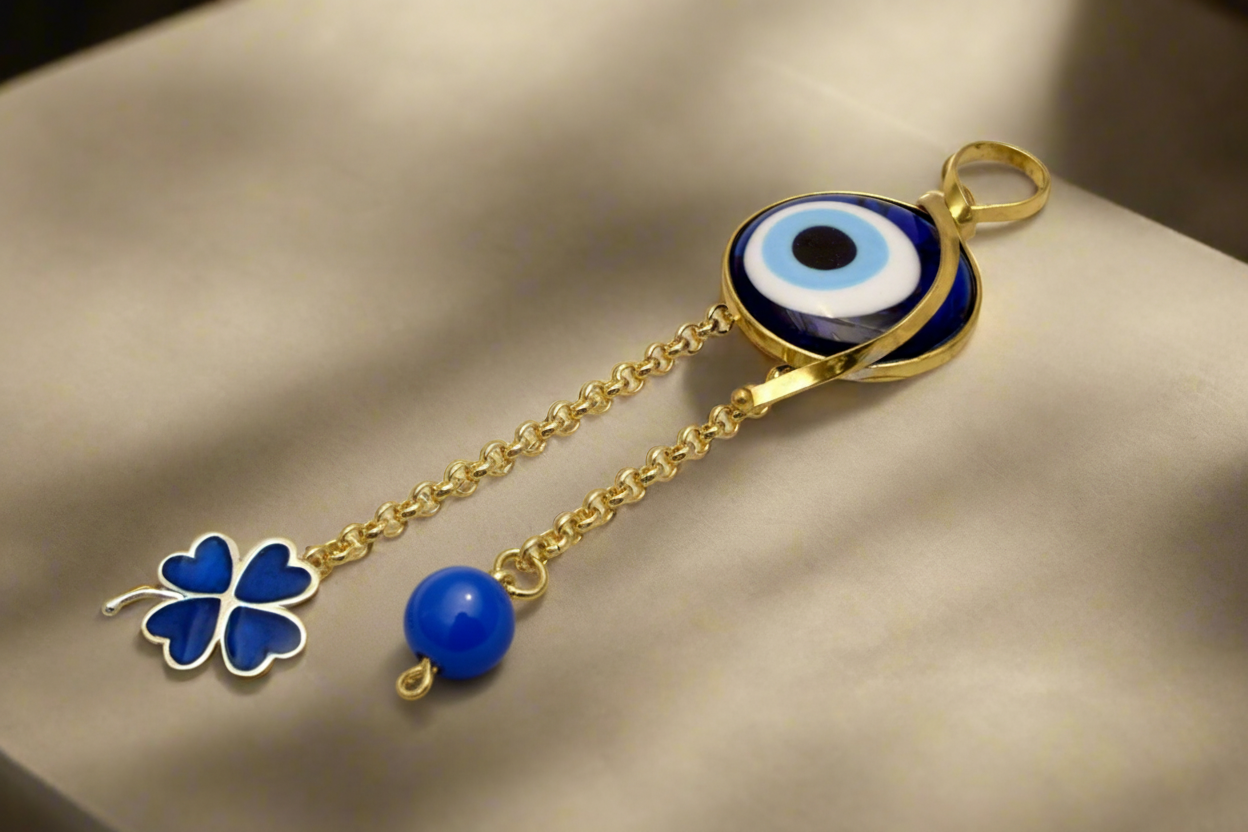 Evil eye protection stone with silver charm, Evil Eye Charm, home décor, gift, Wall Decor, silver charm, Clover Charm