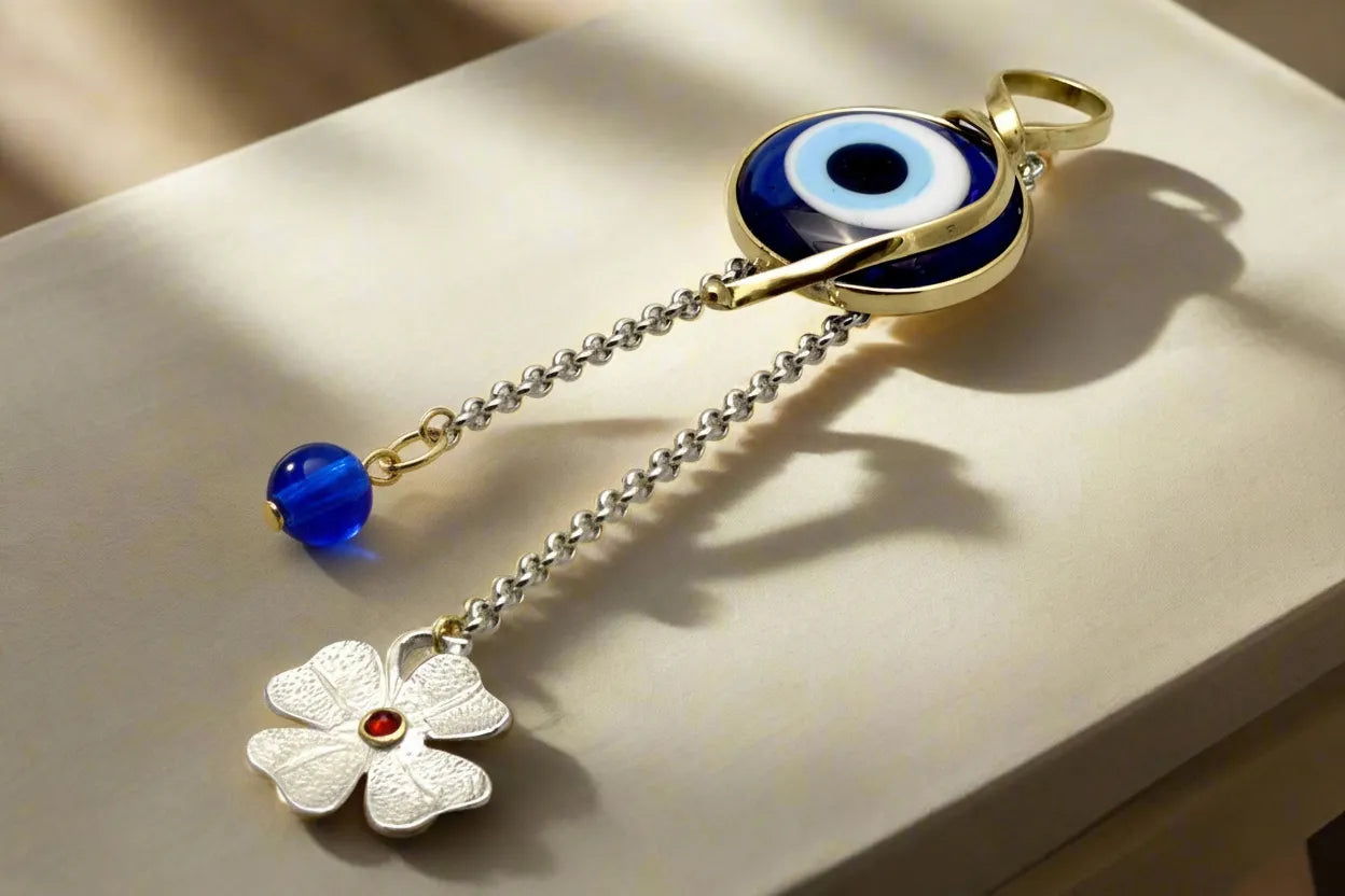 Evil eye protection stone with silver charm, Evil Eye Charm, home décor, gift, Wall Decor, silver charm, Four leaf Clover Charm