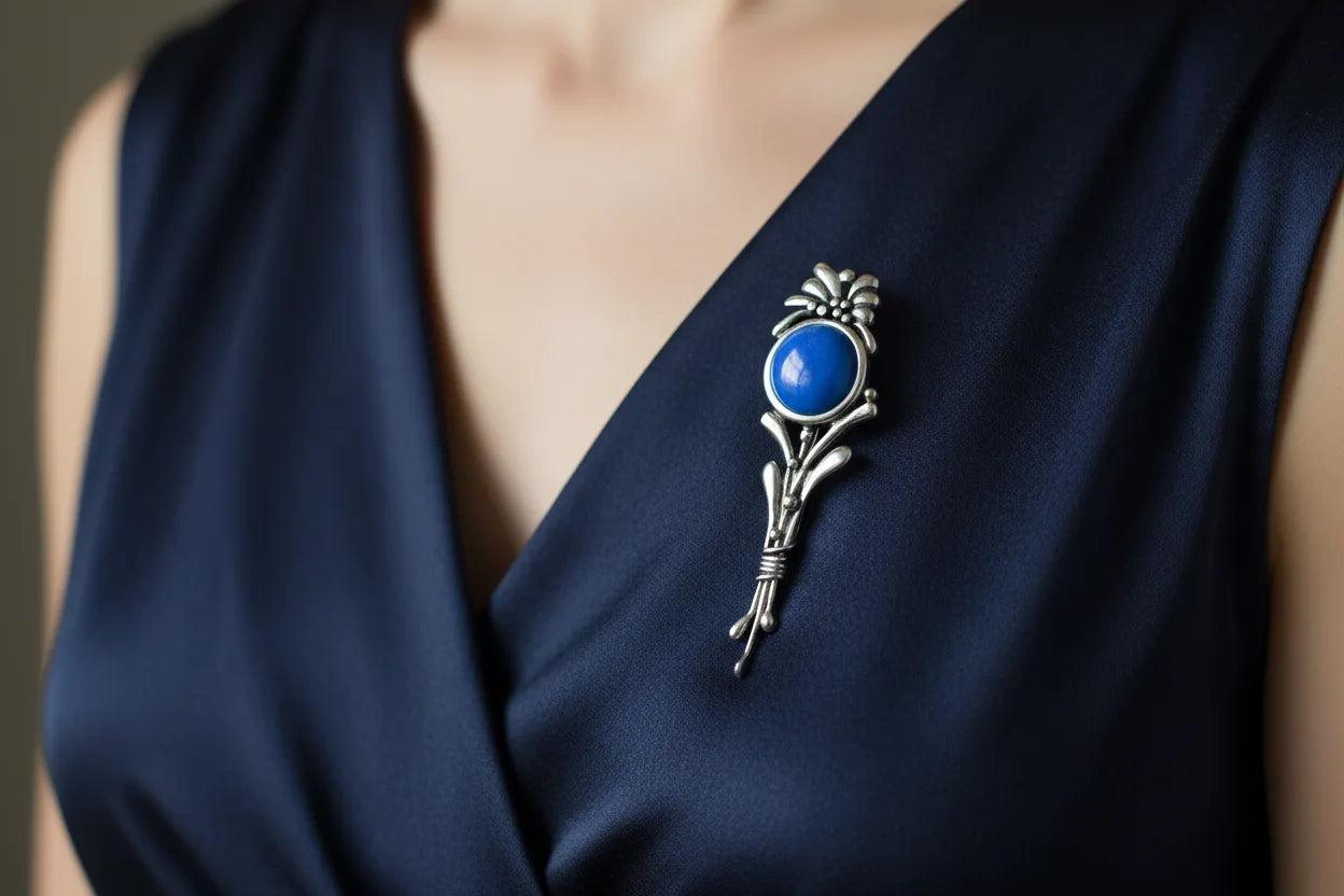 Flower Brooch in sterling silver with a Lapis Lazuli (K-05)