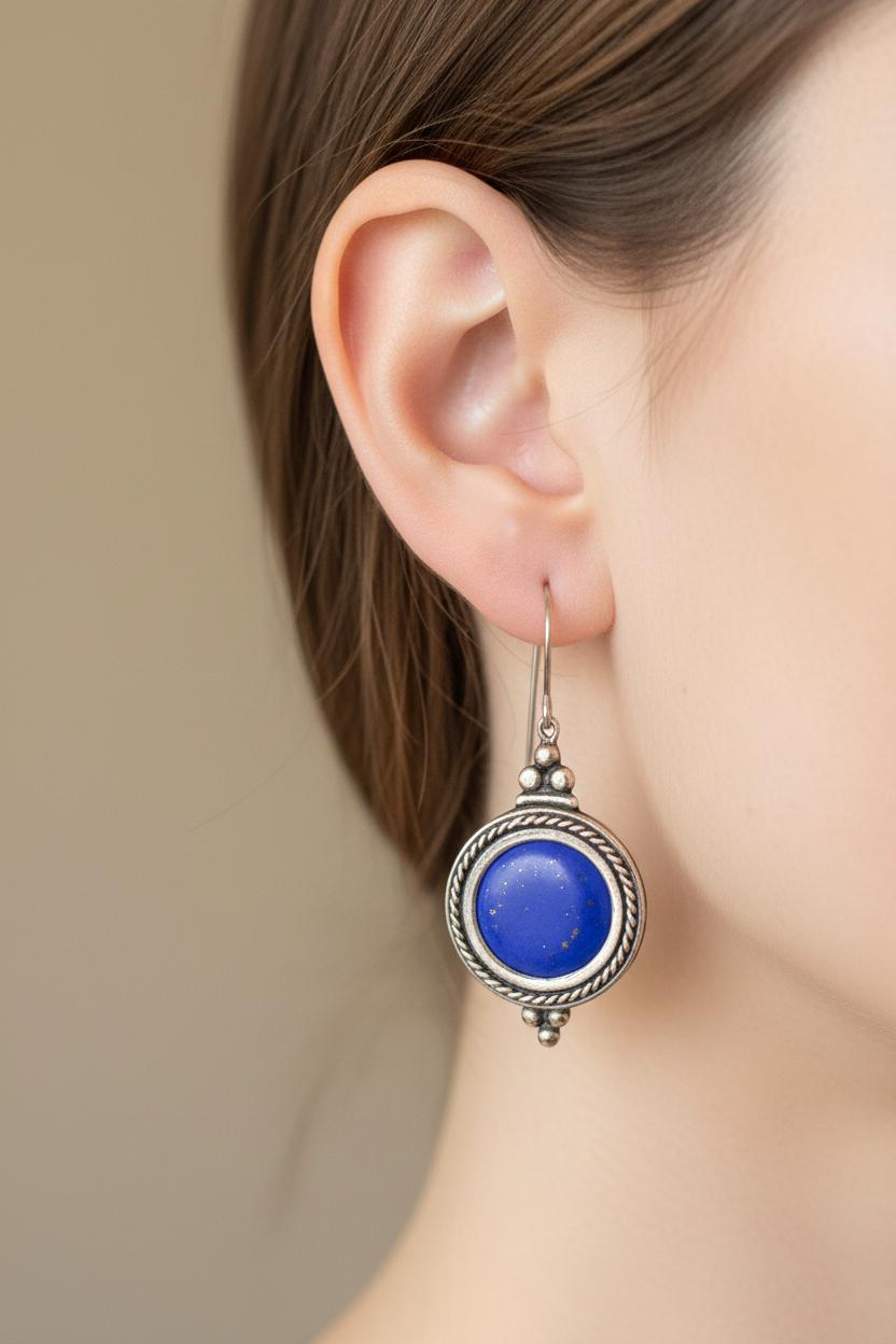 Greek Circle Rope Earrings in sterling silver with Lapis Lazuli