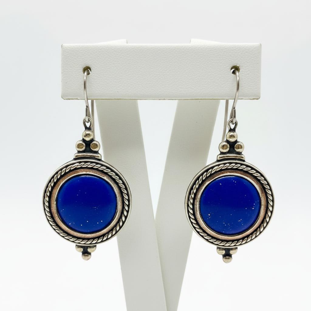 Greek Circle Rope Earrings in sterling silver with Lapis Lazuli (GT-12)