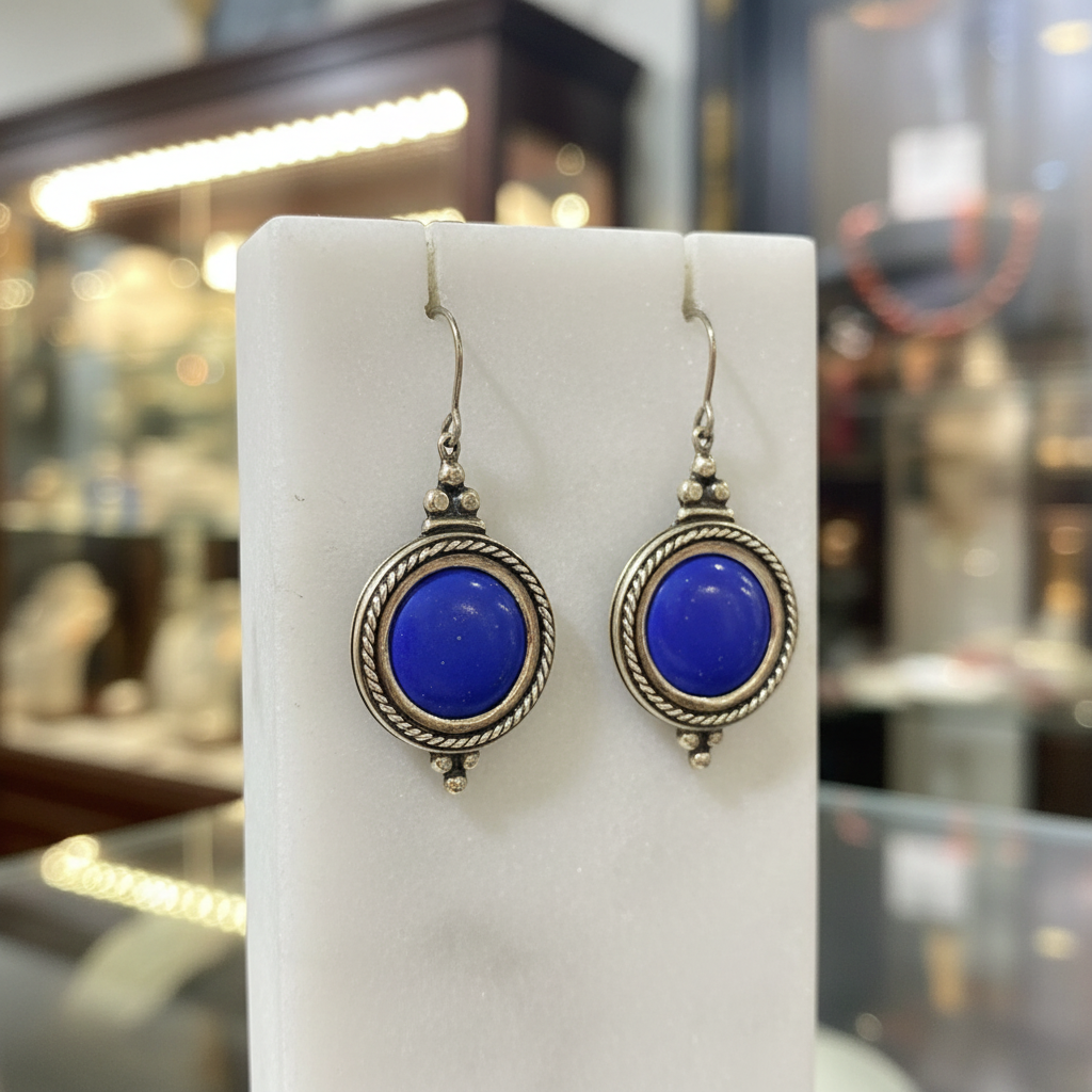 Greek Circle Rope Earrings in sterling silver with Lapis Lazuli