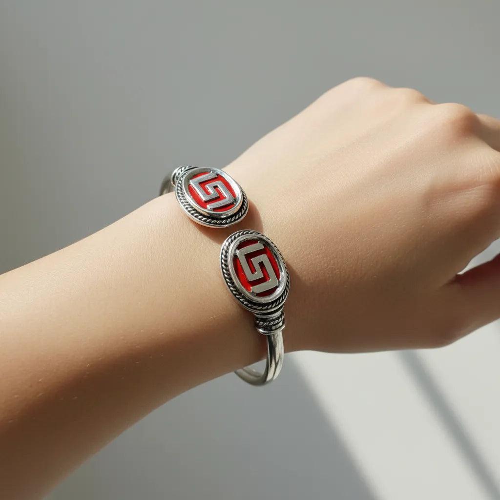 Greek Key Meander Bangle in Sterling Silver with zircon (B-70)