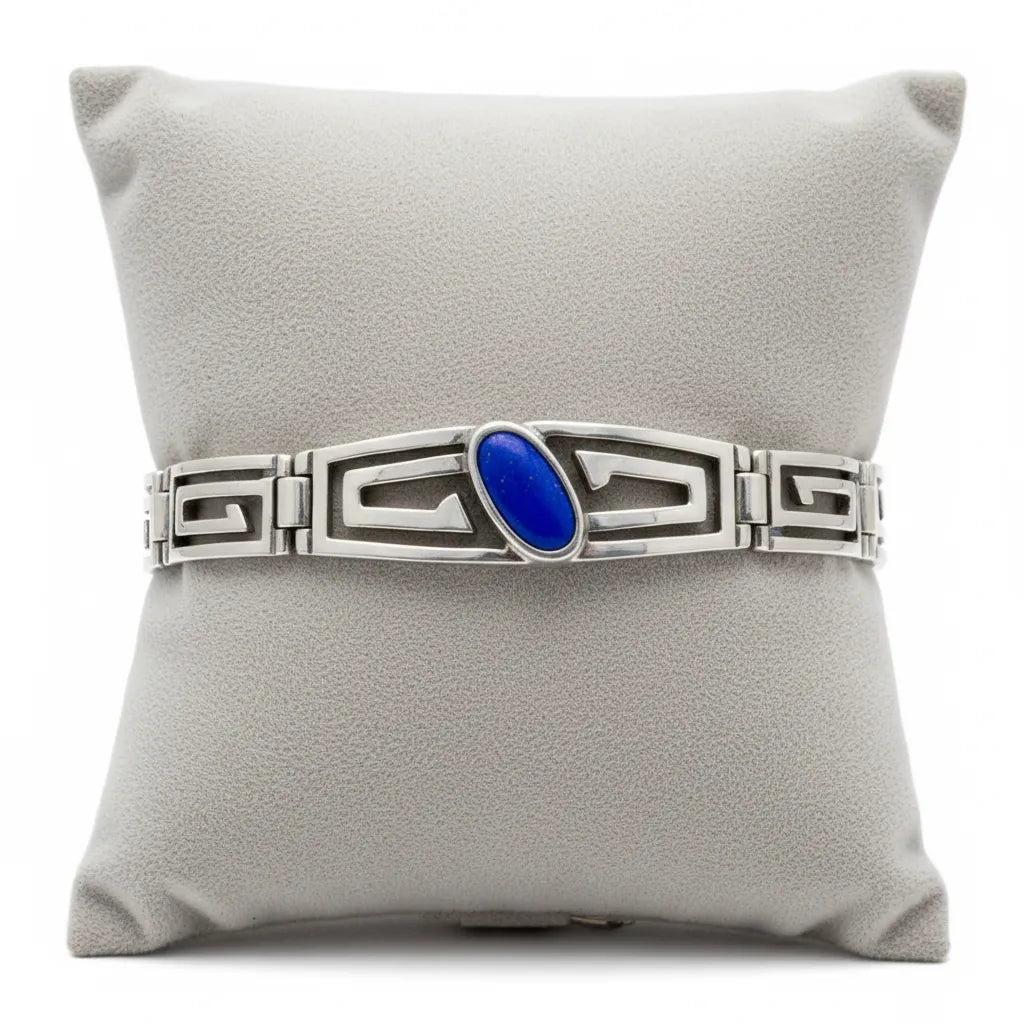 Greek Key Meander Bracelet in Sterling Silver with lapis lazuli (B-71)