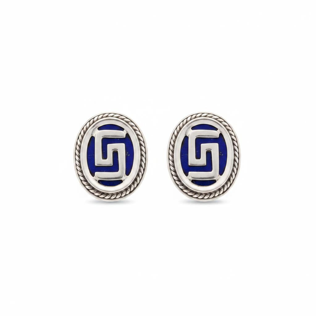 Greek Key Meander Earrings in sterling Silver with Lapis Lazuli (AG-05)