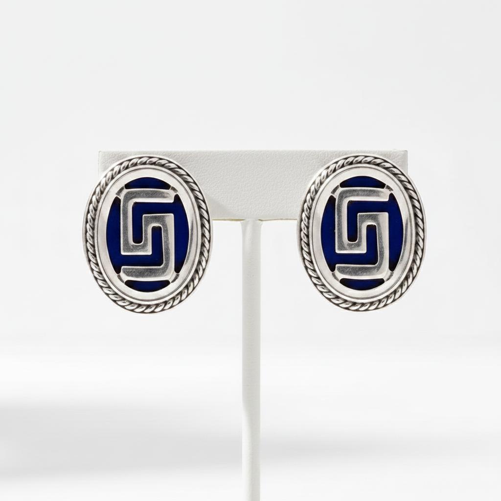 Greek Key Meander Earrings in sterling Silver with Lapis Lazuli (AG-05)