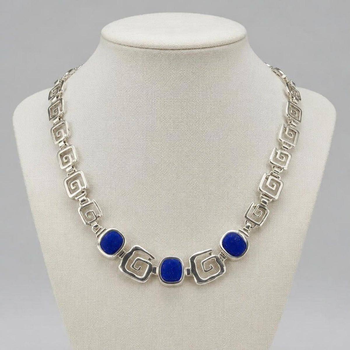 Greek Key Meander Necklace in Sterling Silver with lapis lazuli (PE-19)