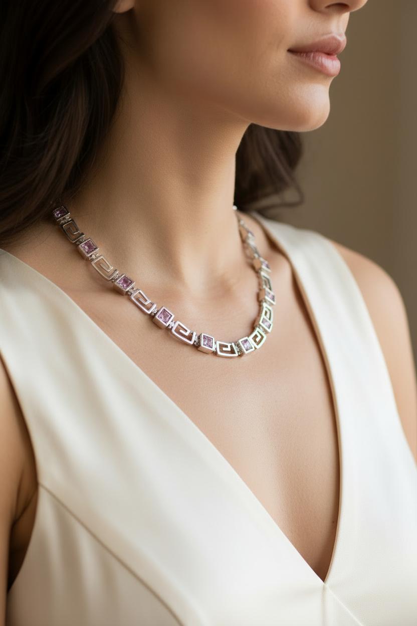 Greek Key Meander Necklace in Sterling Silver with zircon (PE-22)