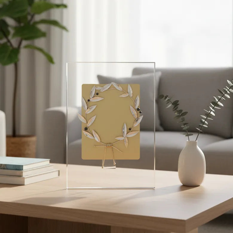 Decorative piece on a coffee table with a plant and books in the background