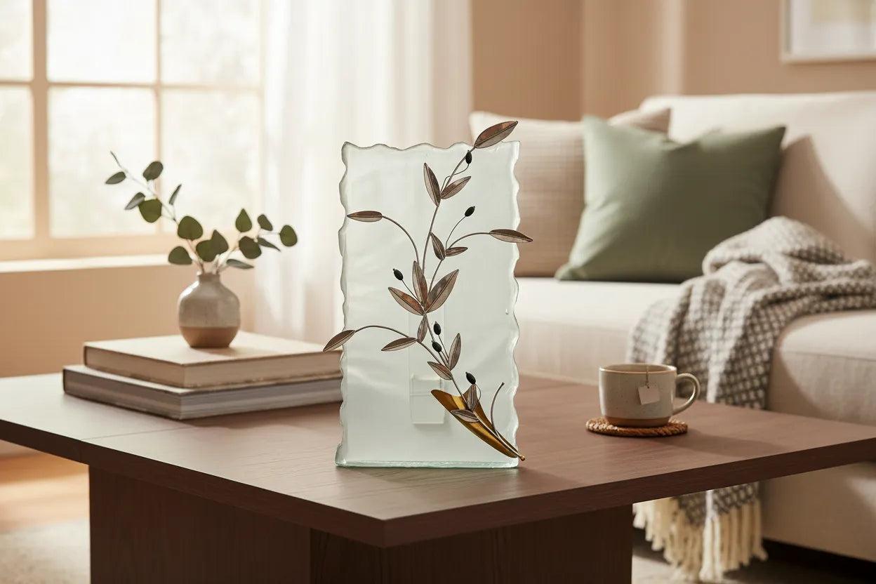 Greek Sterling Silver Olive leaf Wreath on glass (A-44-4)