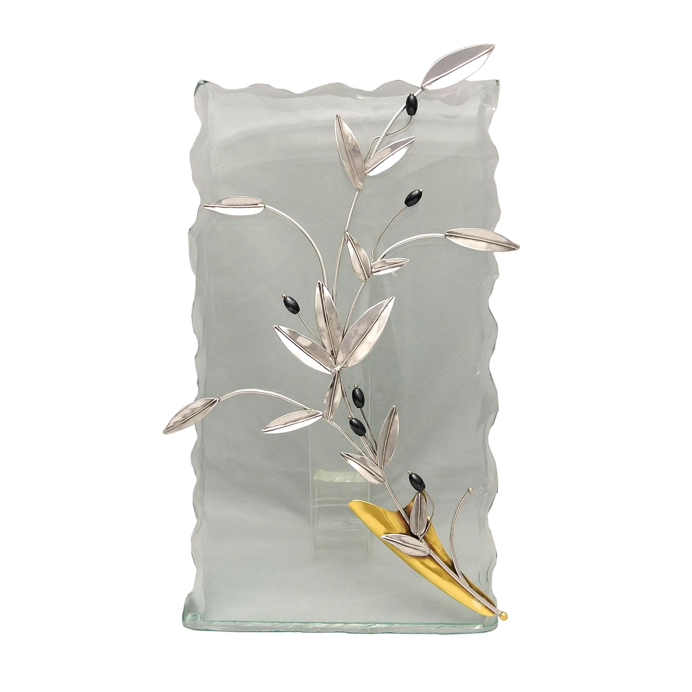 Greek Sterling Silver Olive leaf Wreath on glass (A-44-4)