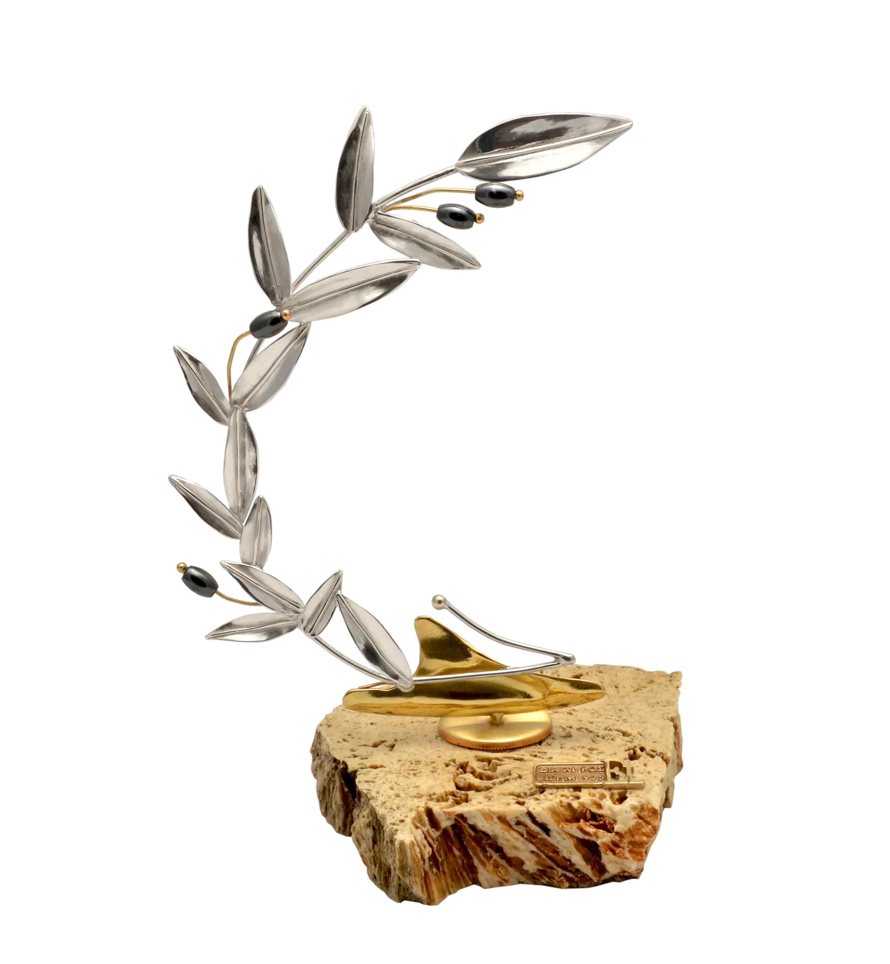 Greek Sterling Silver Olive leaf Wreath on limestone (A-47-2)