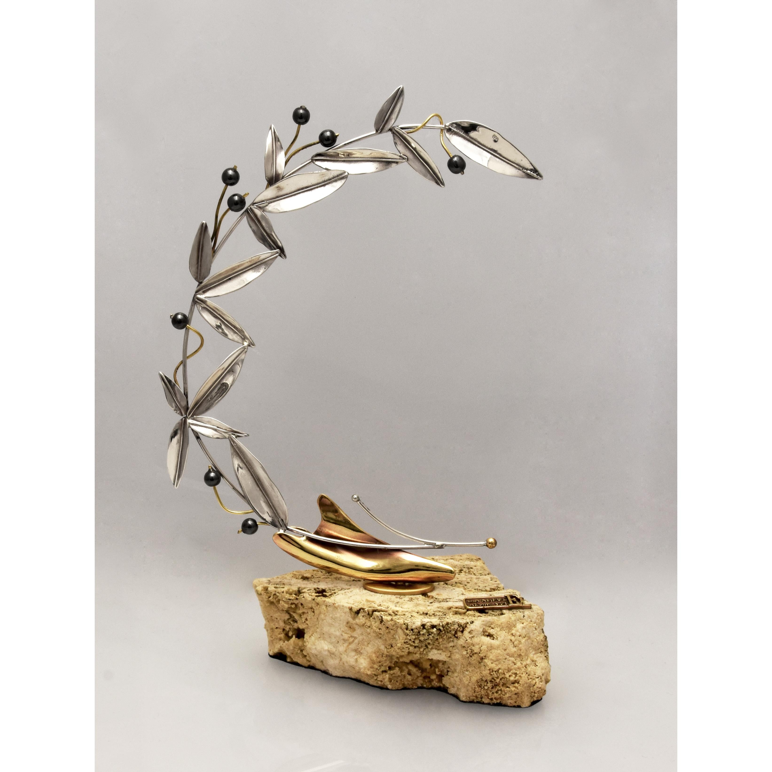 Greek Sterling Silver Olive leaf Wreath on limestone (A-84)