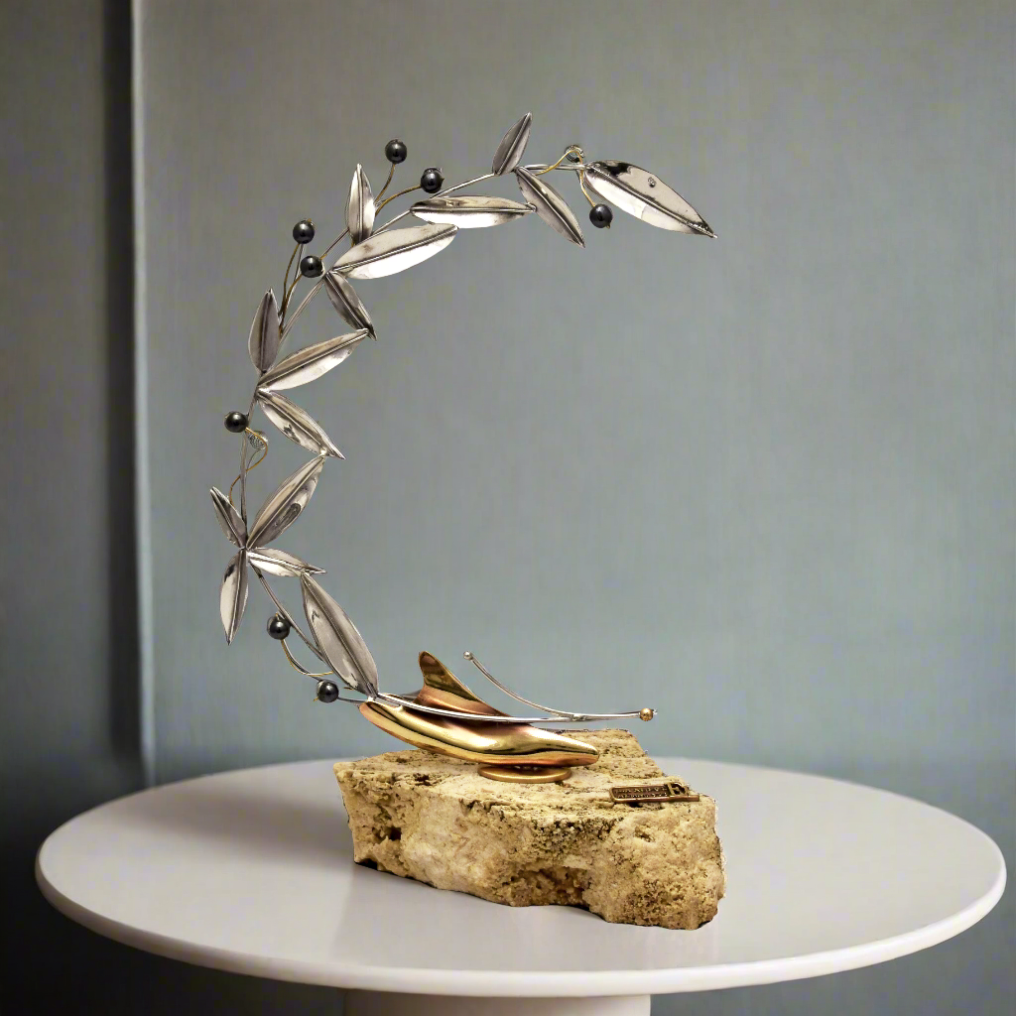 Greek Sterling Silver Olive leaf Wreath on limestone (A-84)