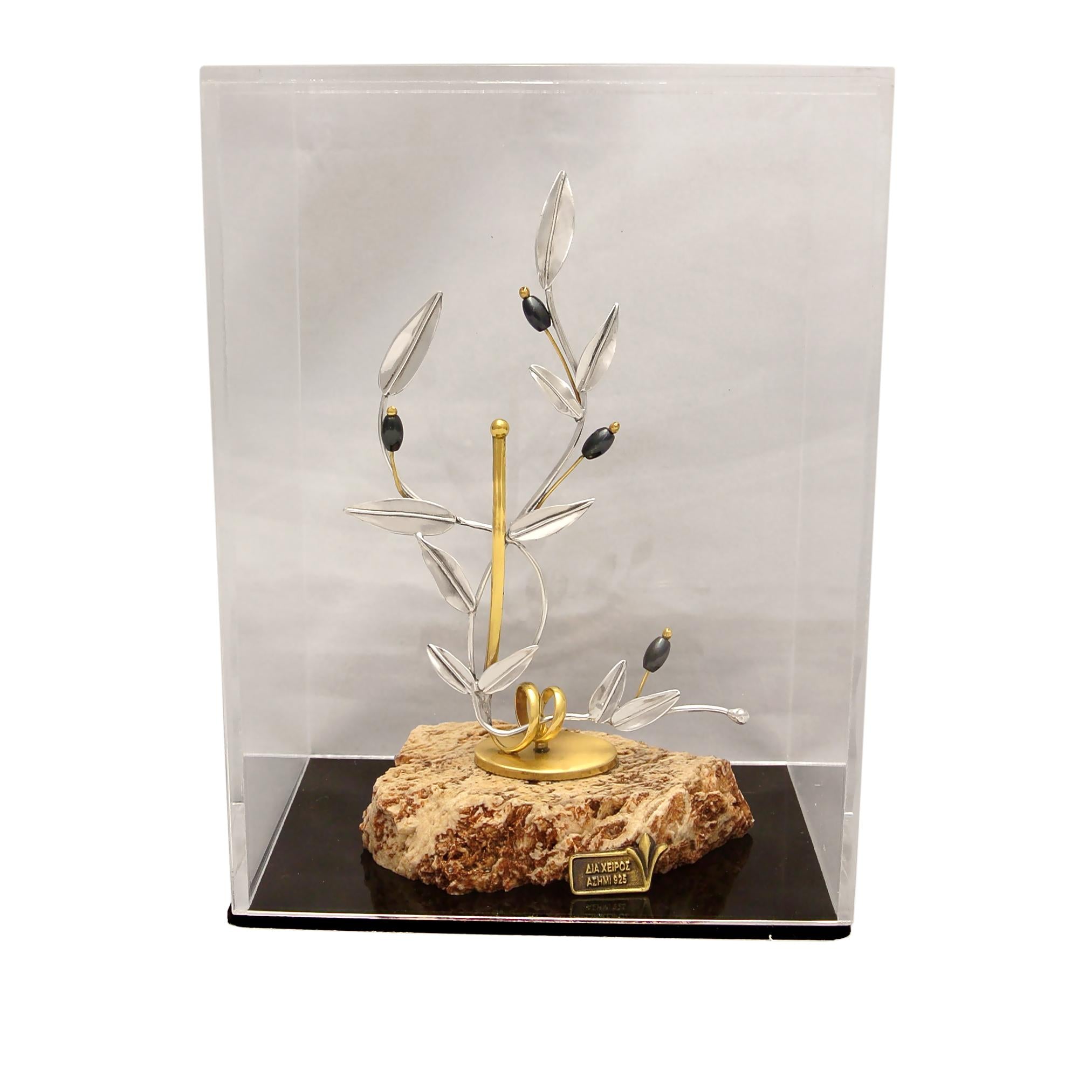 Greek Sterling Silver Olive leaf Wreath on limestone and plexiglass case (A-47-7)