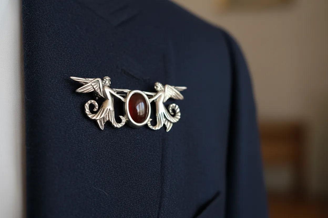 Greek Traditional Angels Brooch in Sterling silver with Carnelian (K-18)