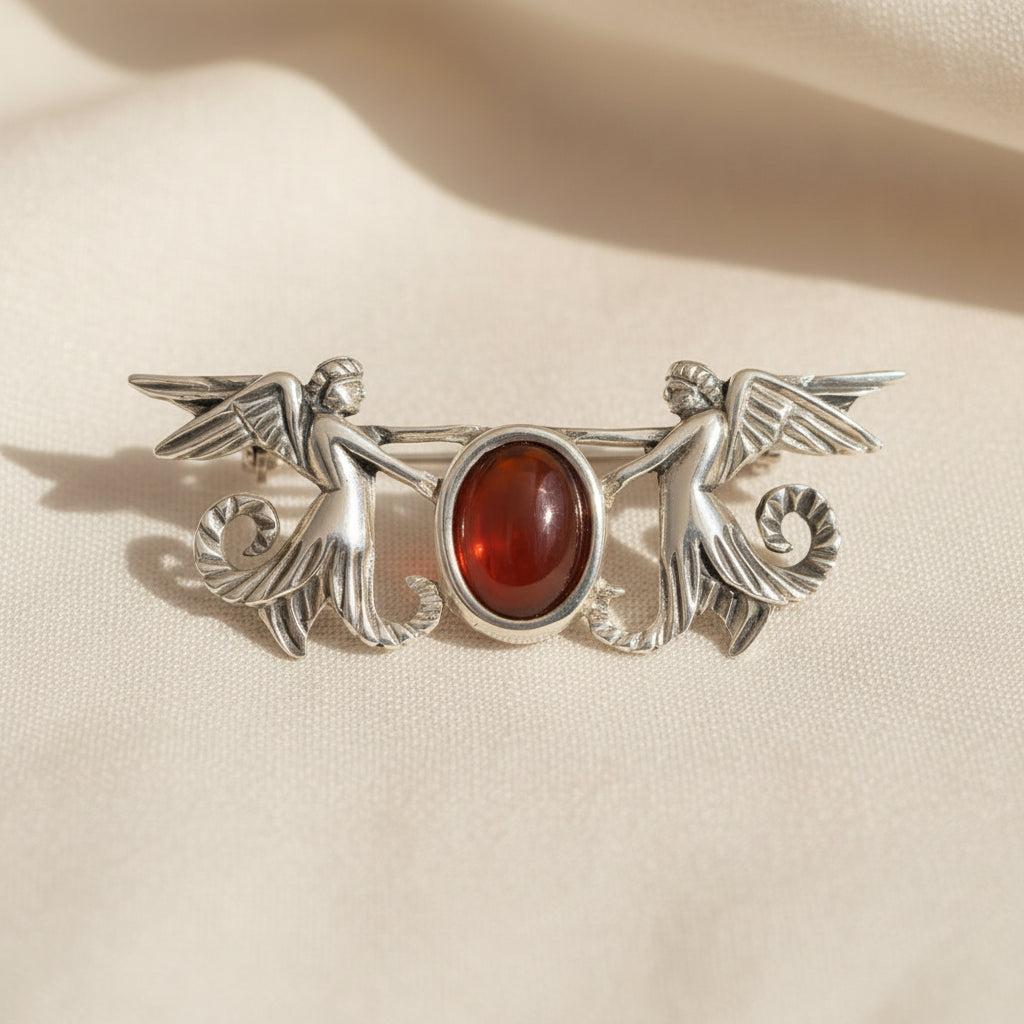 Greek Traditional Angels Brooch in Sterling silver with Carnelian (K-18)