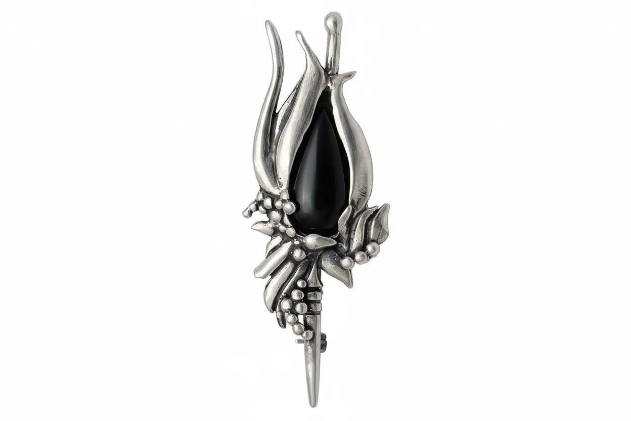 Greek Traditional Flower Brooch in Sterling silver with black stone (K-23)