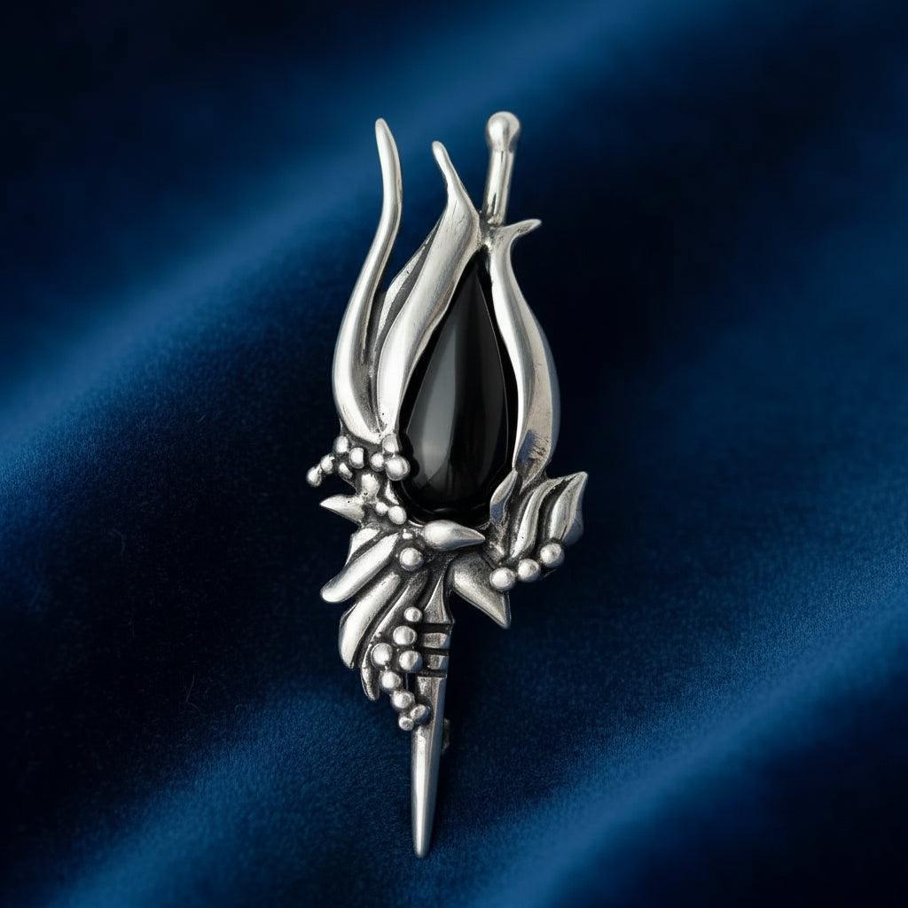Greek Traditional Flower Brooch in Sterling silver with black stone (K-23)