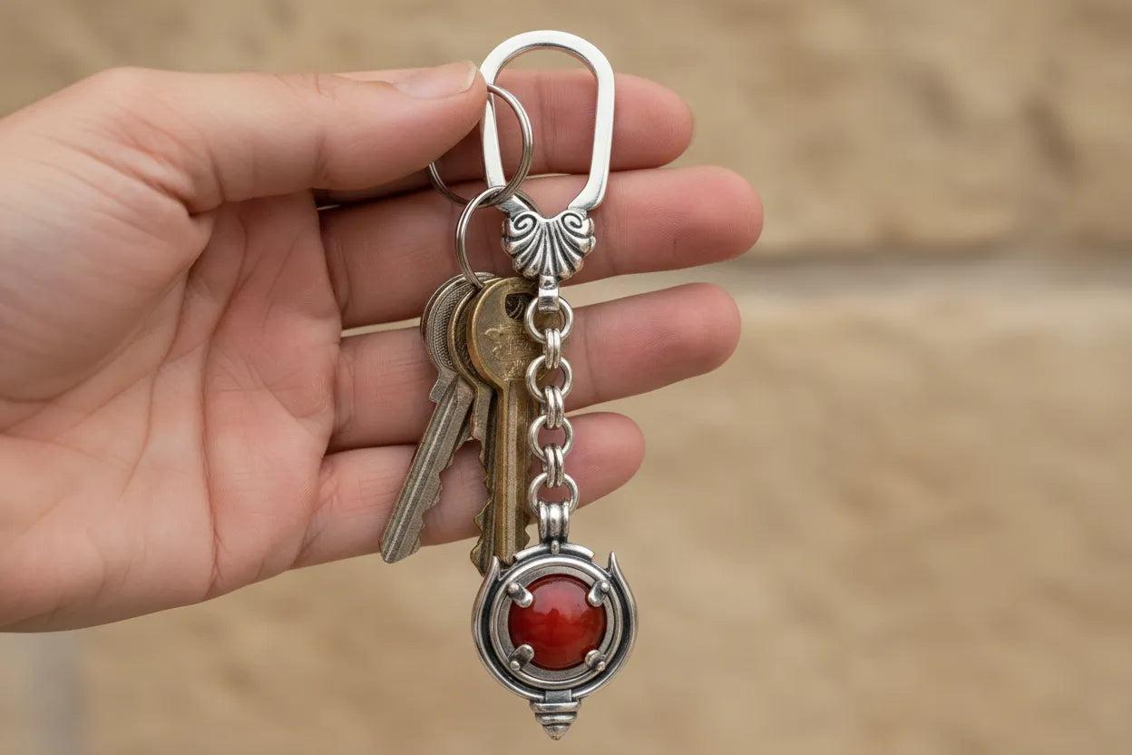 Greek Traditional Key ring in sterling silver with a carnelian (MP-24)