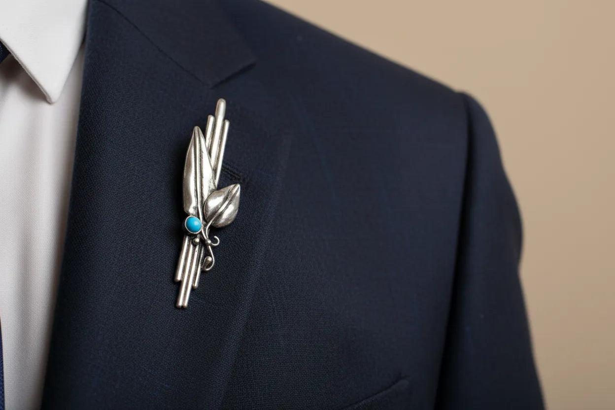 Greek Traditional Olive Leaf Brooch in Sterling silver with turquoise (K-30)