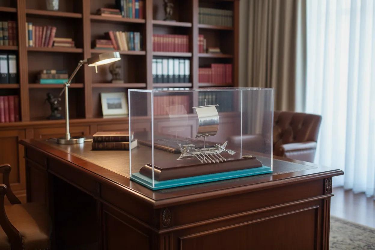 Greek Traditional Sterling silver sailboat on wooden base in plexiglass (A-42-33)