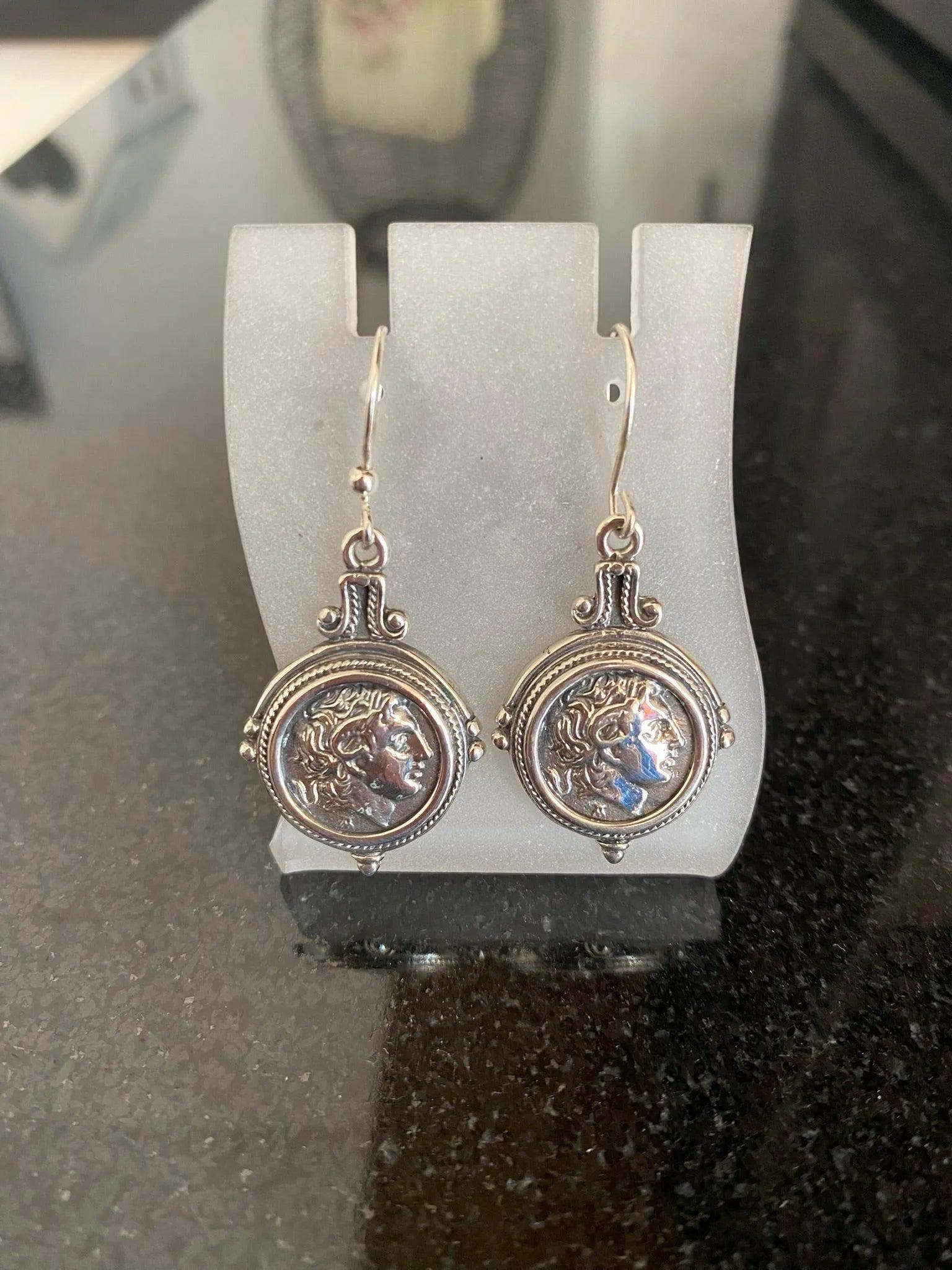 Handcrafted Sterling Silver Alexander Coin Earrings, Greek Inspired Jewelry (AG-08)