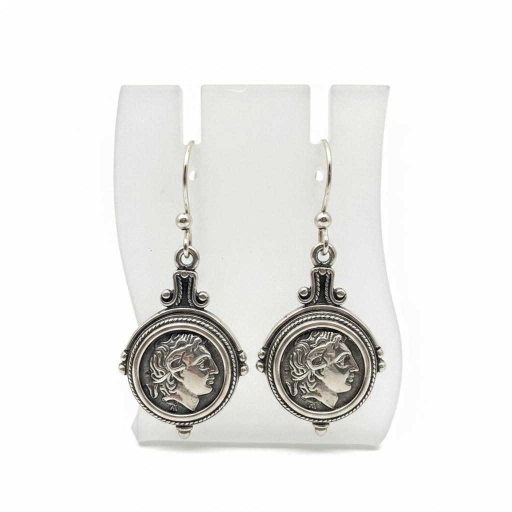 Handcrafted Sterling Silver Alexander Coin Earrings, Greek Inspired Jewelry (AG-08)