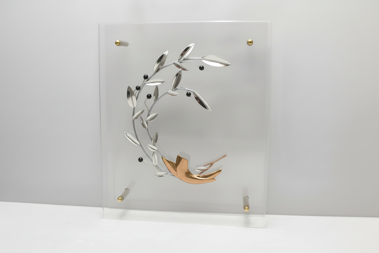 Handmade Olive Wreath, Greek Symbol of Peace, Hematite Olives, Plexiglass Frame (A-97)