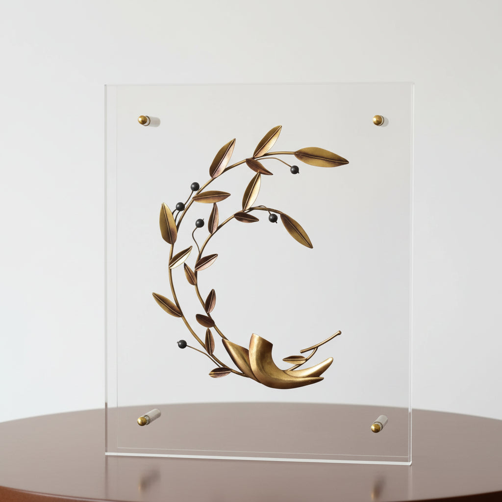 Handmade Olive Wreath, Greek Symbol of Peace, Hematite Olives, Plexiglass Frame (A-97)