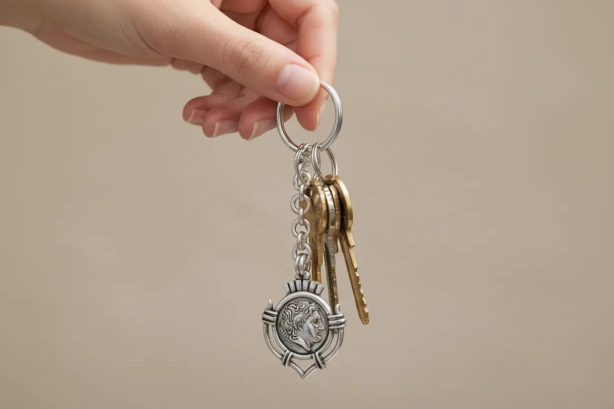 Handmade Sterling Silver Alexander the Great Keychain, Greek Key Ring (MP-05)