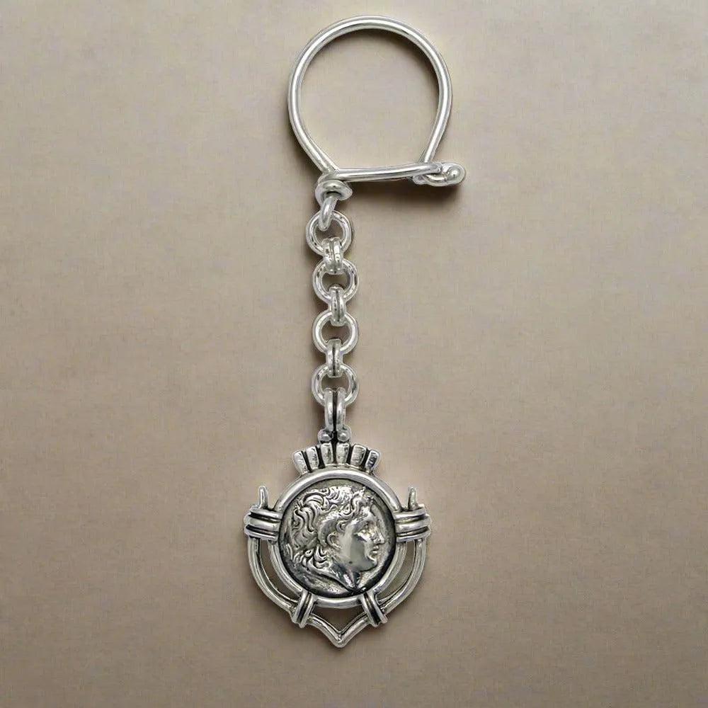 Handmade Sterling Silver Alexander the Great Keychain, Greek Key Ring (MP-05)
