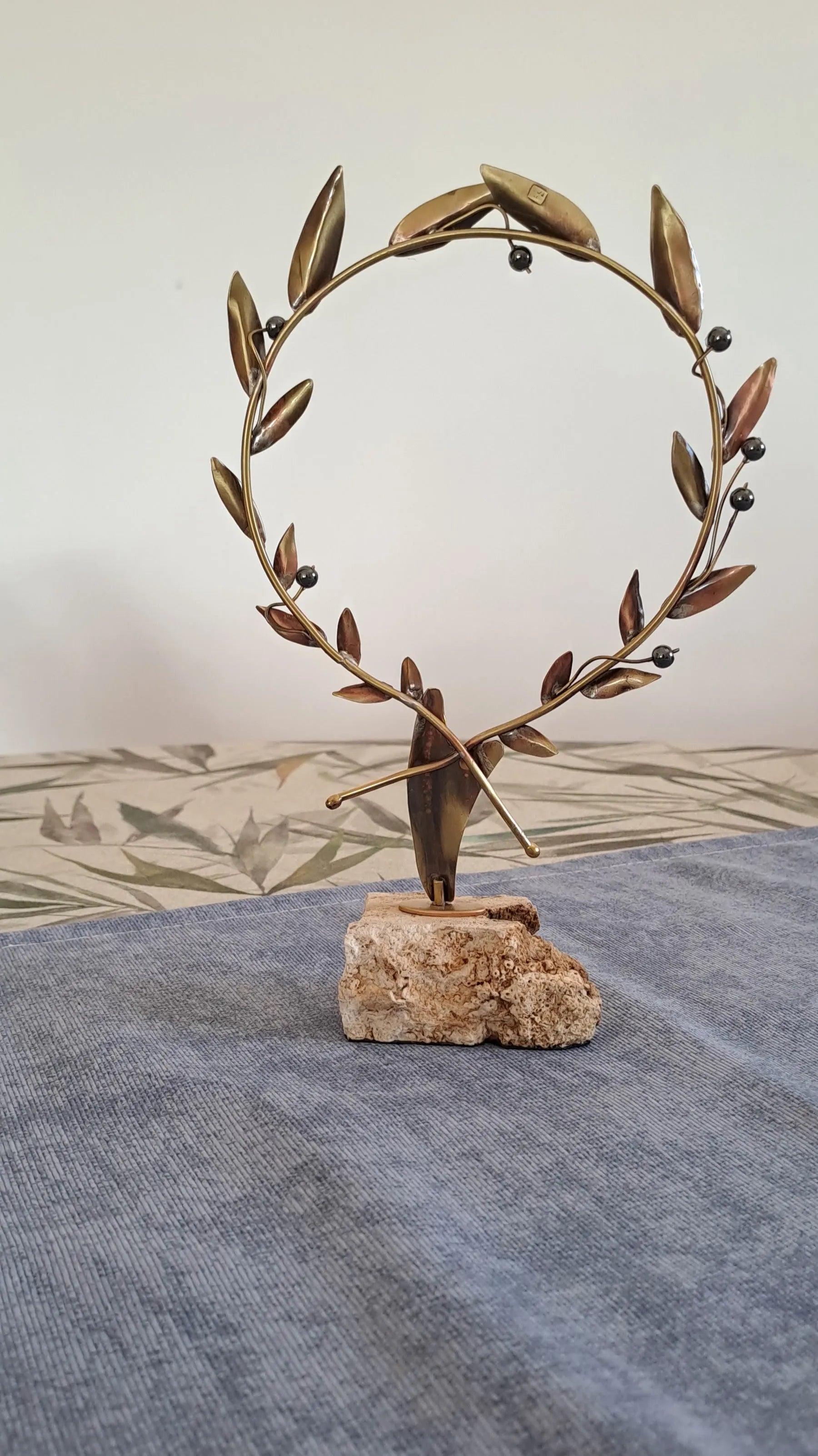 Handmade Sterling Silver Olive Wreath, Hematite Olives, Limestone Base, Greek Decor (A-44-1)